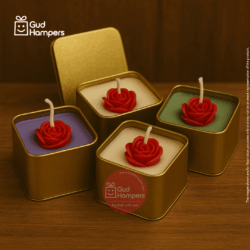 MINI ROSE CANDLE IN GOLDEN SQUARE TIN BOX WITH LID