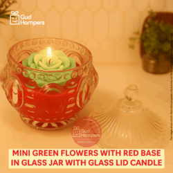 Mini Green Flowers with Red Base in Glass Jar with glass lid Candle