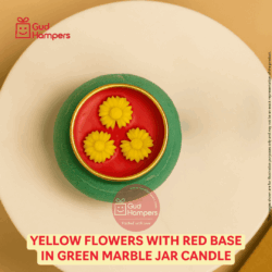 Yellow Flowers with Red Base in Green Marble Jar Candle