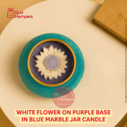 White Flower on Purple Base in Blue Marble Jar Candle