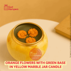 Orange Flowers with Green Base in Yellow Marble Jar Candle