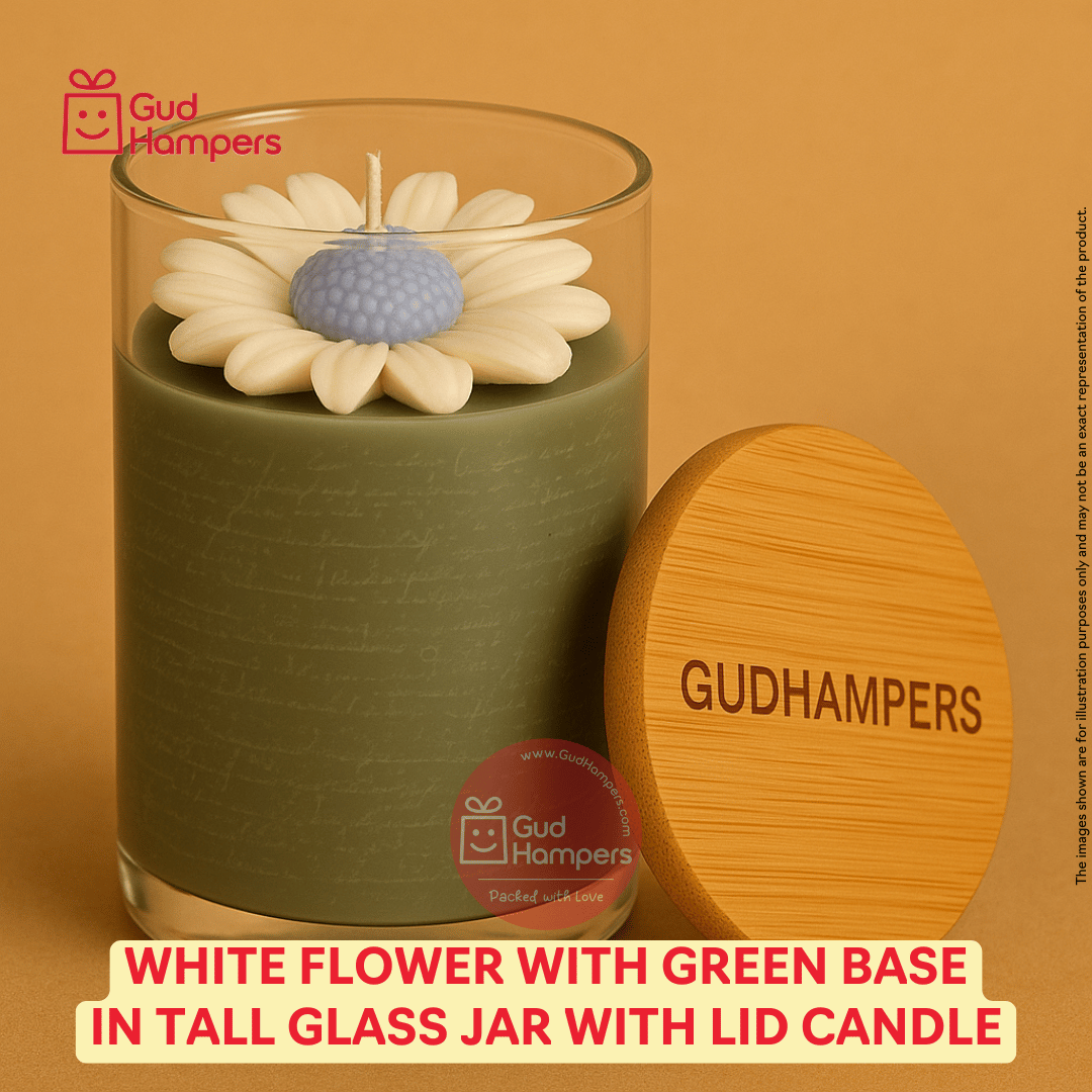 White Flower with Green Base in Tall Glass Jar with Lid Candle