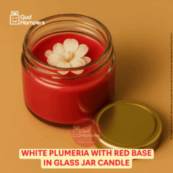 White Plumeria with Red Base in Glass Jar Candle
