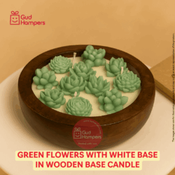 Green Flowers with White Base in Wooden Base Candle