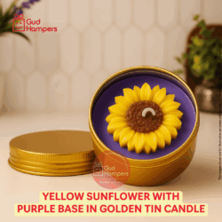 Yellow Sunflower with Purple Base in Golden Tin Candle
