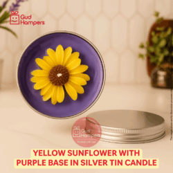 Yellow Sunflower with Purple Base in Silver Tin Candle