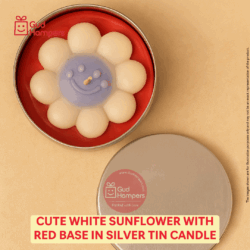 Cute White Sunflower with red base in Silver Tin Candle