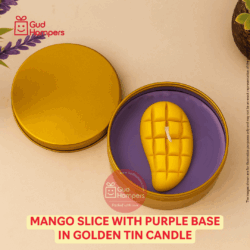 Mango Slice with Purple Base in Golden Tin Candle