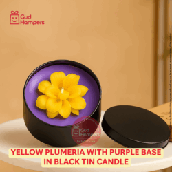 Yellow Plumeria with Purple Base in Black Tin Candle