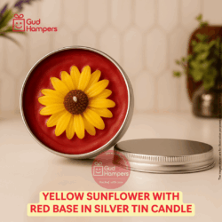 Yellow Sunflower with RED Base in Silver Tin Candle