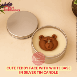 Cute Teddy Face with white base in Silver Tin Candle