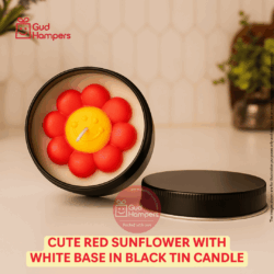 Cute red Sunflower with white base in Black Tin Candle
