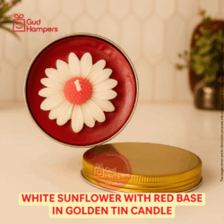 White Sunflower with Red Base in Golden Tin Candle