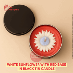 White Sunflower with Red Base in Black Tin Candle