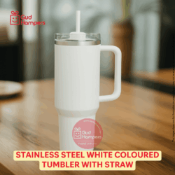 STAINLESS STEEL WHITE COLOURED TUMBLER WITH STRAW