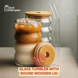 GLASS TUMBLER WITH ROUND WOODEN LID