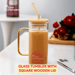GLASS TUMBLER WITH SQUARE WOODEN LID